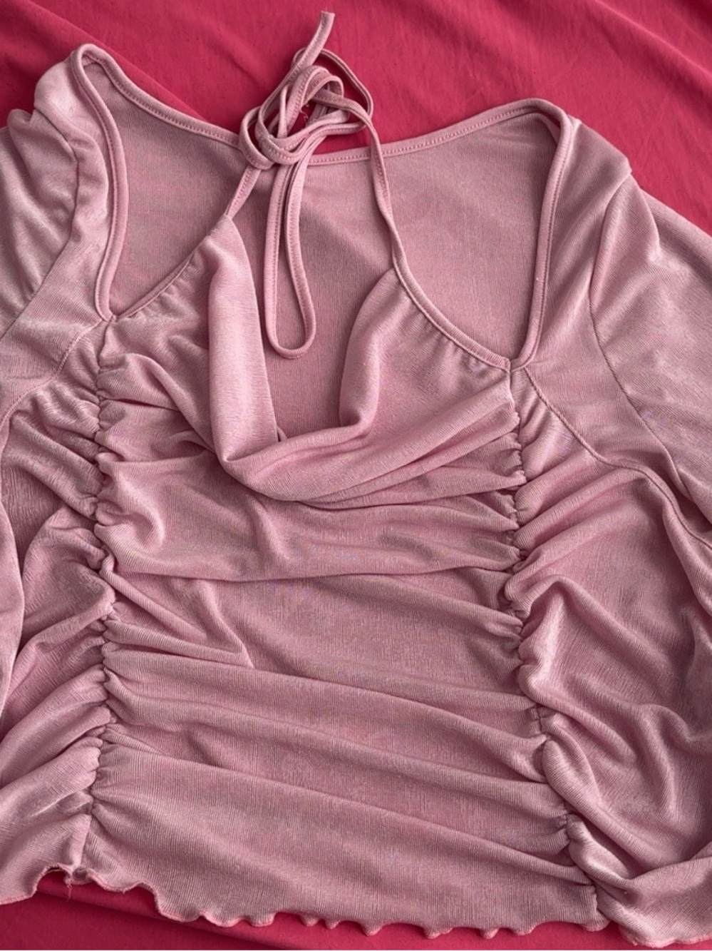 SHEIN Blush Pink Ruched Cowl Neck Crop Top